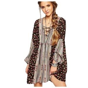 FREE PEOPLE Black Rain or Shine Pebbled Mini‎ Dress Floral Stripe Boho SMALL-MED